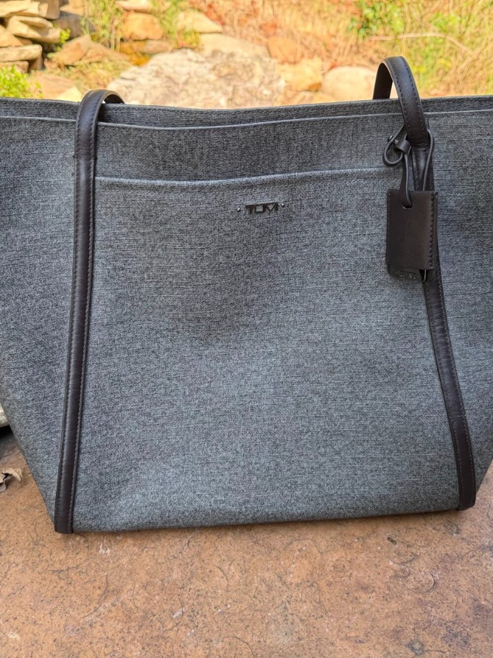 TUMI Sinclair Q-Tote Earl Grey Gray Coated Canvas Brown Leather Tote Bag